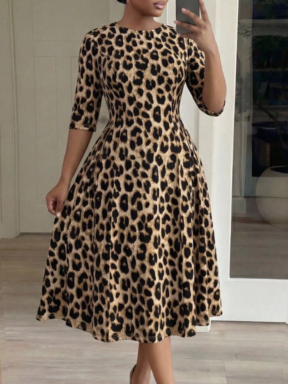 Multicolor Elegant Women's Leopard Print Round Neck 3/4 Sleeve Midi Dress